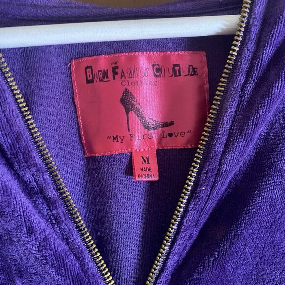 BORN FAMOUS COUTURE Velour Zip Hoodie Jacket "My First Love" Womens M Purple - Picture 8 of 10